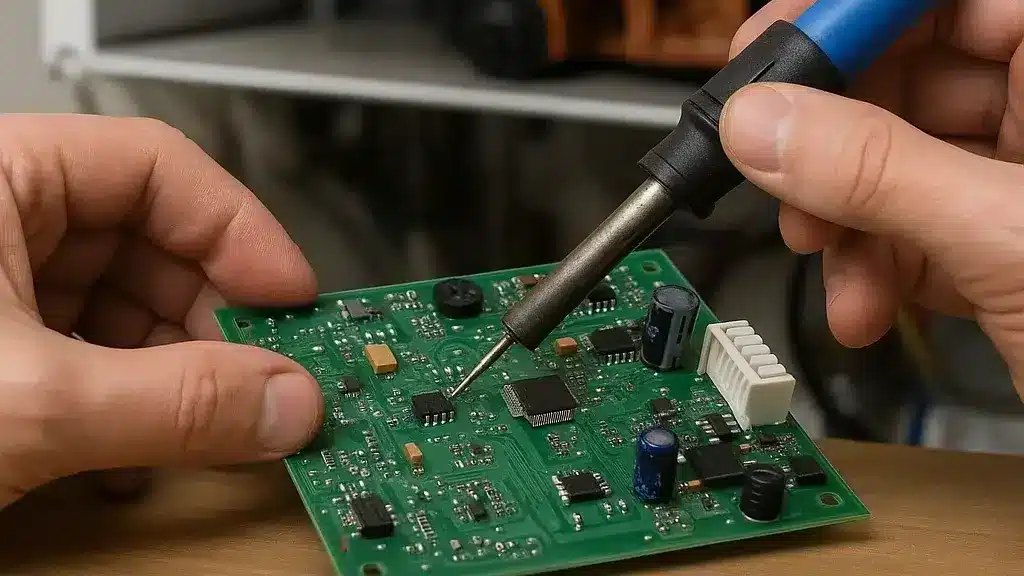 Mains d'un technicien soudant des composants sur une carte électronique verte avec un fer à souder, réparation d'appareil en arrière-plan.