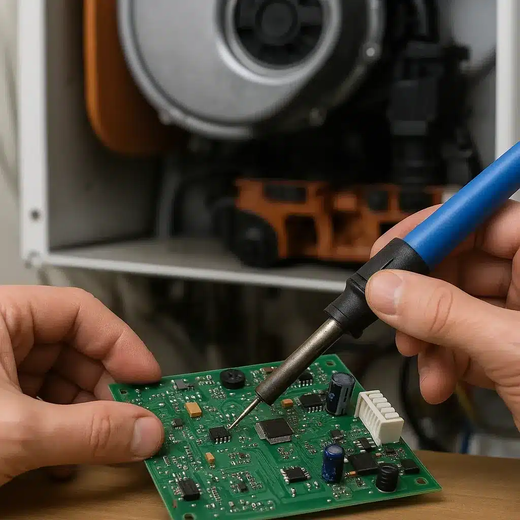 Mains d'un technicien soudant des composants sur une carte électronique verte avec un fer à souder, réparation d'appareil en arrière-plan.
