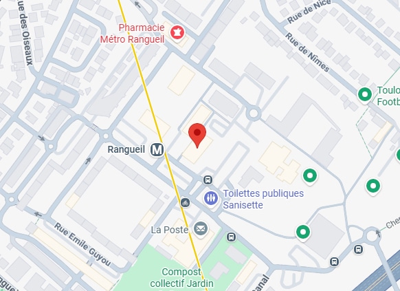 Plan du quartier Rangueil à Toulouse avec métro et services Carte de Rangueil à Toulouse montrant le métro, la pharmacie, La Poste et un marqueur rouge sur un bâtiment.